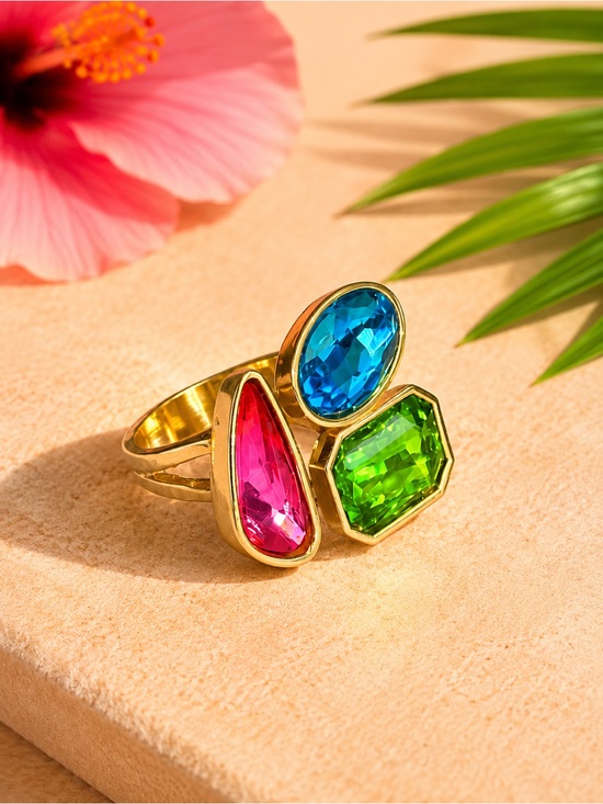 Source Unknown Jewelry - Source Unknown Gold Triple-Stone Ring with Pink, Blue & Green Gems